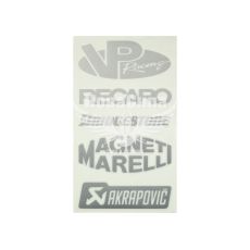 Наклейка з написом в ряд (VP Racing, Recaro, Bridgestone, Magneti Marelli) (срібна) 28х14