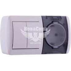 LEZARD NATA Выключатель двойной и розетка с/з с крышкой (горизонталь), белый