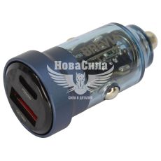 Зарядне для портативних пристроїв 12-24V (Brevia) 1USB-A, 1USB-C, 30W, прозоре синє