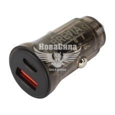 Зарядне для портативних пристроїв 12-24V (Brevia) 1USB-A, 1USB-C, 45W, прозоре чорне