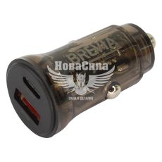 Зарядне для портативних пристроїв 12-24V (Brevia) 1USB-A, 1USB-C, 30W, прозоре чорне (46130CAB)