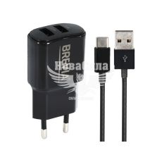 Зарядне для портативних пристроїв 220V (Brevia) 2USB-A, 12W (з кабелем USB-A - Type-C) (45012DUCB)