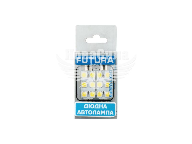 Лампочка 2-ох цокольна LED T11_C10W SMD біла 6-діодів 12V-1,7Вт SV8.5-8 41мм. (Futura) (к-т.-2шт.)