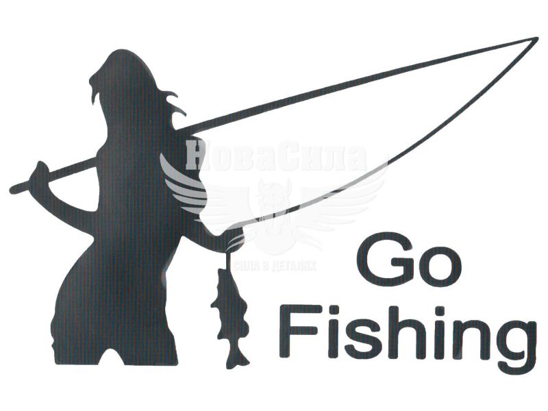 Наклейка з написом GO FISHING (дівчина) 23x16 чорна