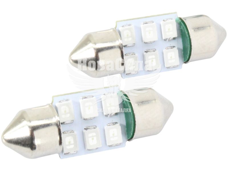 Лампочка 2-х цокольная LED T11_C8W SMD зеленая 6-диодов 24V-0,7Вт SV8.5-8 28мм. (Futura) (к-т.-2шт.) (80223)