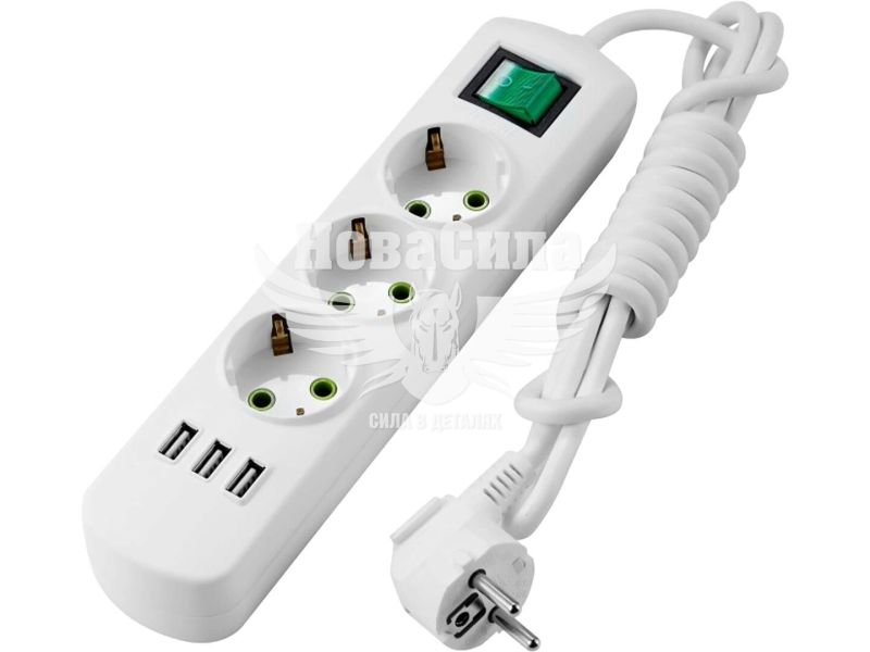 Подовжувач Lezard Letitia 3 входи 2 метра з/з, кнопкою та USB (721-0302-302U)