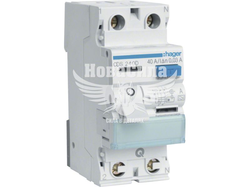 Пристрій захисного відключення Hager QC 2P 40A 6кА 30mA Тип A (ПЗВ) (CDS240D)
