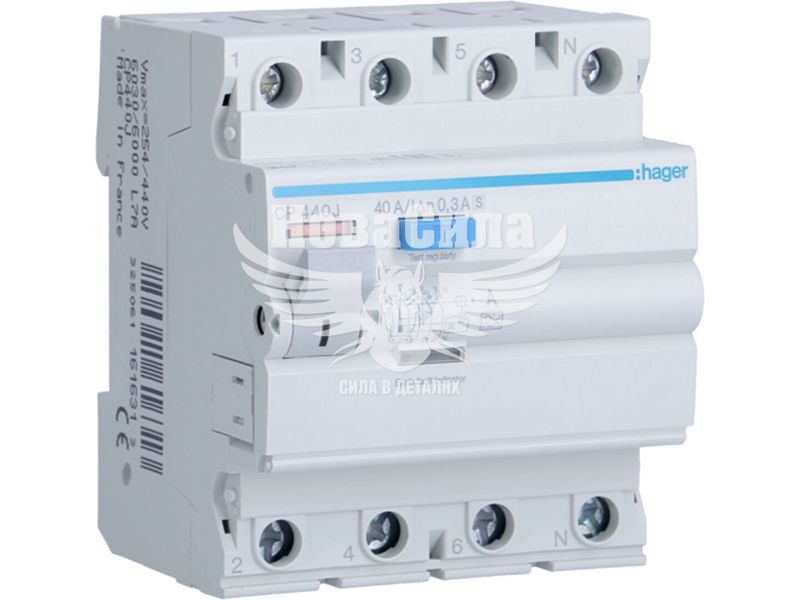 Пристрій захисного відключення Hager 4P 40A 6кА 300mA Тип A,S (ПЗВ) (CP440J)