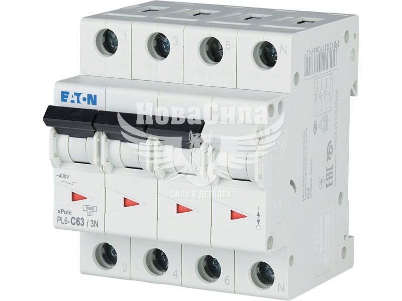 Автоматичний вимикач EATON PL6-C63/3N 3п+N C63A 6kA 4М (106916)