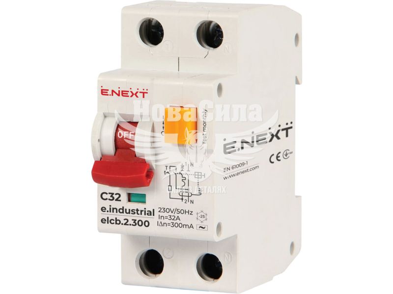 Диференційний автомат E.NEXT e.industrial.elcb.2.C32.300, 2р, 32А, С, 300мА (i0230012)