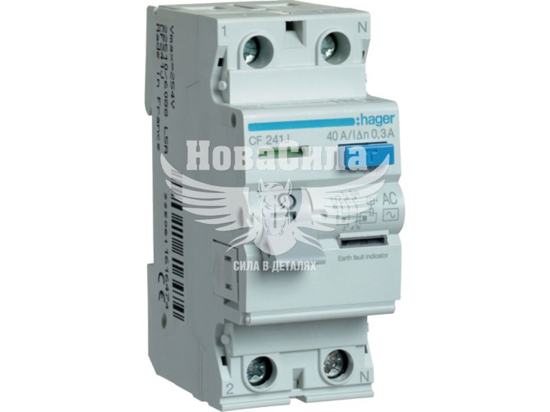 Пристрій захисного відключення Hager 2P 40A 6кА 300mA тип AC (ПЗВ) (CF241J)