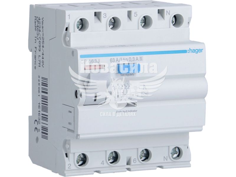 Пристрій захисного відключення Hager 4P 63A 6кА 300mA Тип A,S (ПЗВ) (CP463J)