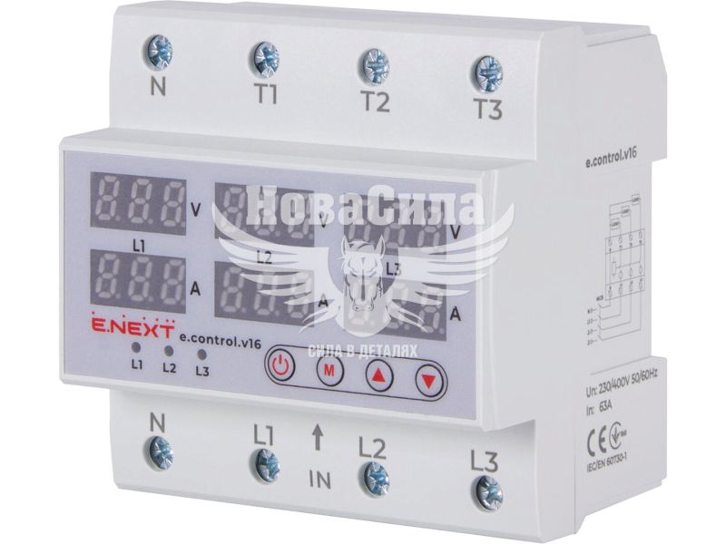 Реле контролю напруги та струму трифазне 63А E.NEXT e.control.v16 з індикацією (p0690026)
