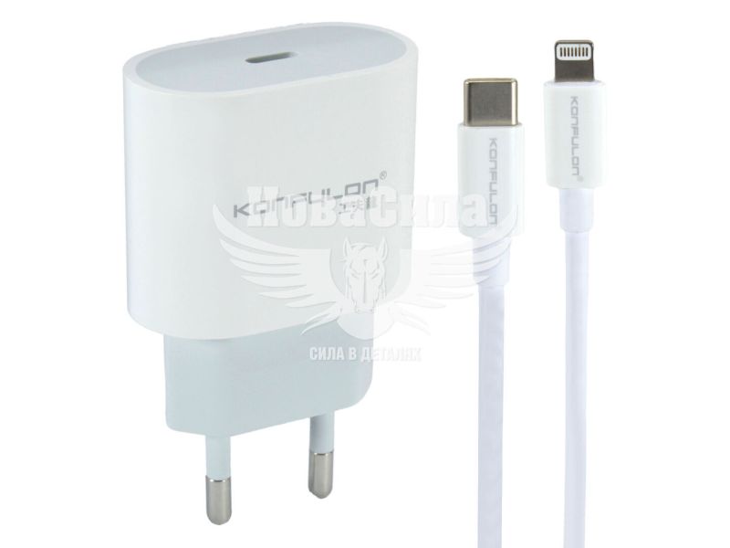 Зарядне для портативних пристроїв 220V (Konfulon) 1USB-C 20W (з кабелем Type-C-Lightning) (DC13)