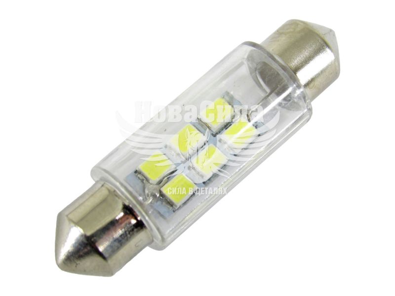 Лампочка 2-ох цокольна LED T11_C5W LEDS біла 6-діодів 24V-5Вт SV8.5-8 39мм. (Solar) (упак.-10шт.) (LS364_P)
