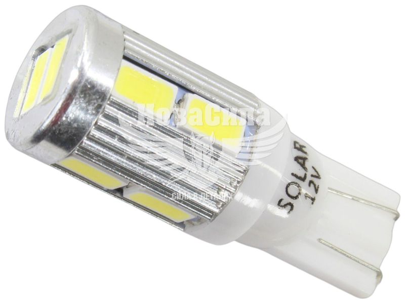 Лампочка без цоколя LED T10_W5W SMD біла 10-діодів 12V W2.1x9.5d (Solar) (упак.-10шт.) (LS287_P)