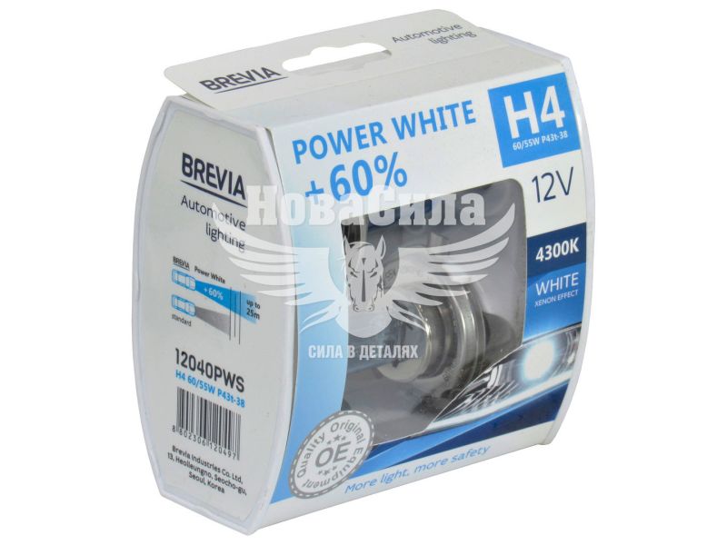 Лампочка галогенна H4 P43t 12V-60/55Вт (Brevia) +60 4300K (Power White) (12040PWS)