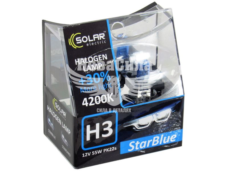 Лампочка галогенна H3 PK22s 12V-55Вт (Solar) 4200K (Star Blue) (кт. 2шт) (1243S2)