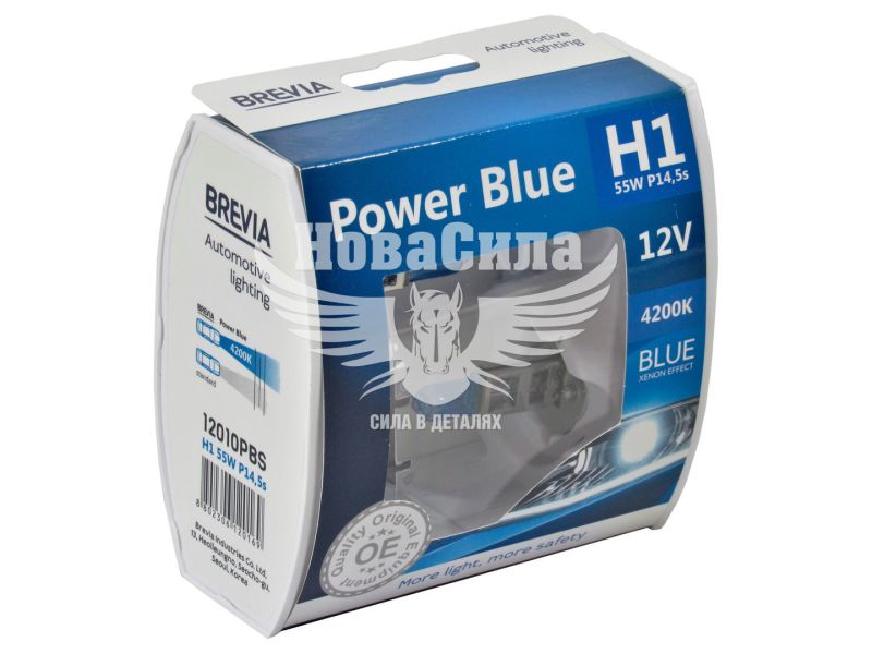 Лампочка галогенна H1 P14.5s 12V-55Вт (Brevia) 4200K (Power Blue) (к-т.-2шт.) (12010PBS)