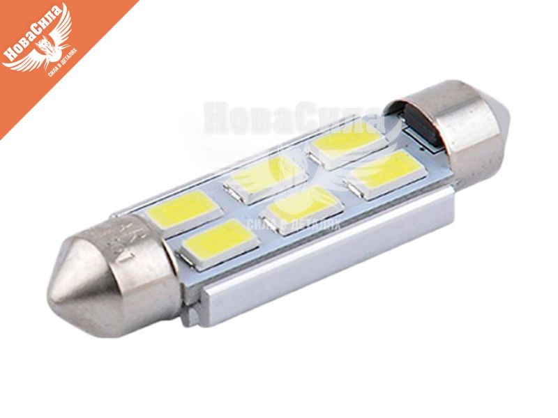 Лампочка 2-ох цокольна LED T11_C5W SMD біла 6-діодів 12V-5Вт SV8.5-8 41мм. CANbus (Solar) (к-т.-2шт.) (SL1361)