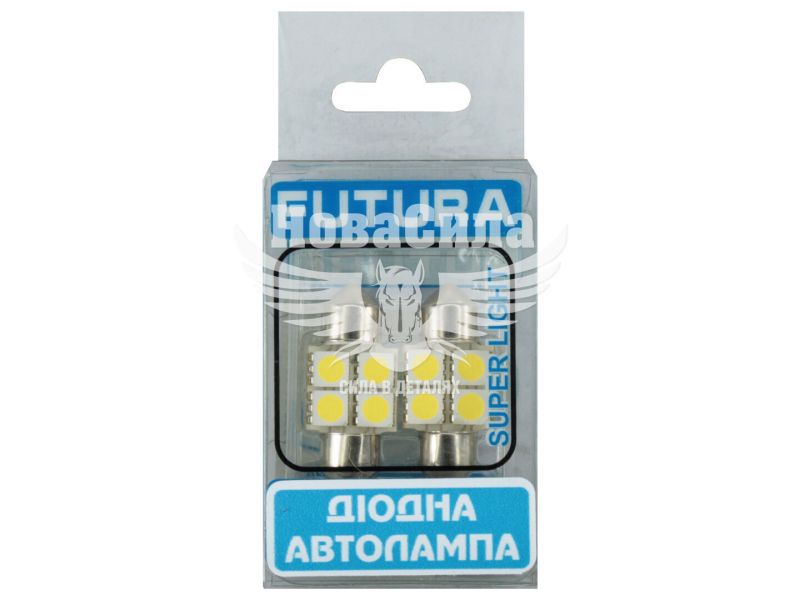 Лампочка 2-ох цокольна LED T11_C8W SMD біла 4-діоди 12V-1,2Вт SV8.5-8 28мм. (Futura) (к-т.-2шт.) (30211)