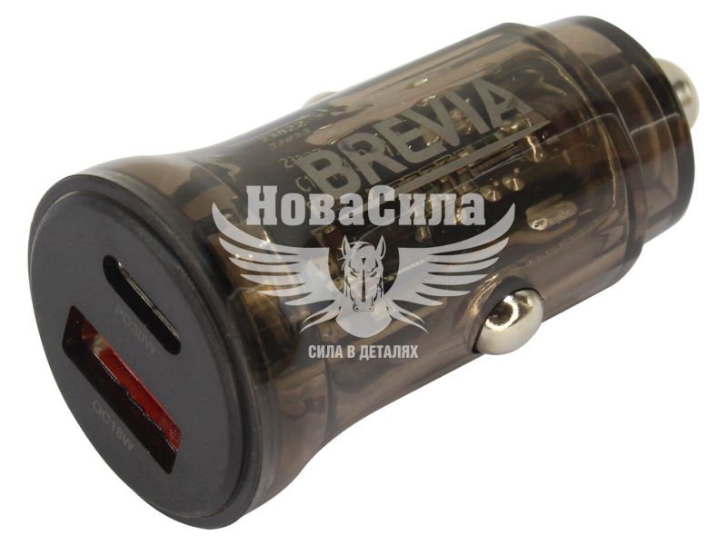 Зарядне для портативних пристроїв 12-24V (Brevia) 1USB-A, 1USB-C, 30W, прозоре чорне (46130CAB)