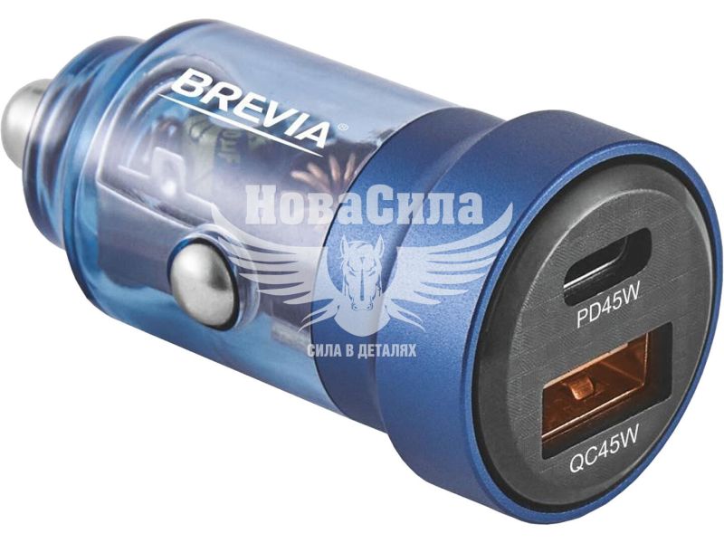 Зарядне для портативних пристроїв 12-24V (Brevia) 1USB-A, 1USB-C, 45W, прозоре синє (46545CABL)