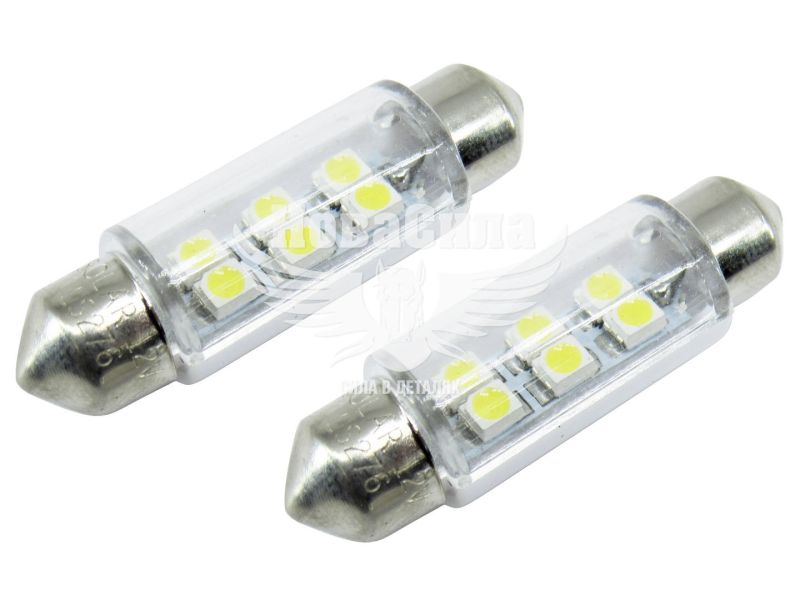 Лампочка 2-ох цокольна LED T11_C5W SMD біла 6-діодів 12V-5Вт SV8.5-8 39мм. (Solar) (к-т.-2шт.) (LS276_B2)