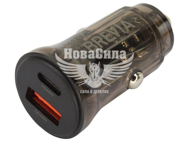 Зарядне для портативних пристроїв 12-24V (Brevia) 1USB-A, 1USB-C, 45W, прозоре чорне (46145CAB)