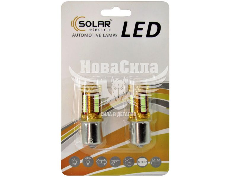 Лампочка 1-но конт. груша біла LED SMD 12V 38-діодів 140lm. P21W BA15s (Solar) (к-т.-2шт.) (LS294_B2)