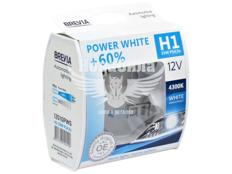 Лампочка галогенна H1 P14.5s 12V-55Вт (Brevia) +60 4300К (Power White) (12010PWS)