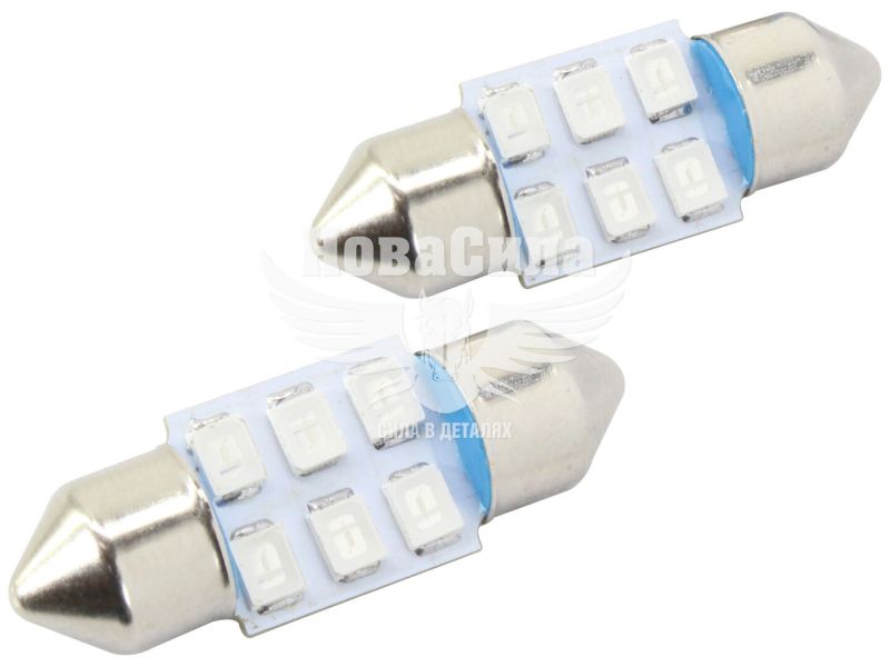 Лампочка 2-ох цокольна LED T11_C8W SMD синя 6-діодів 24V-0,7Вт SV8.5-8 28мм. (Futura) (к-т.-2шт.) (80222)