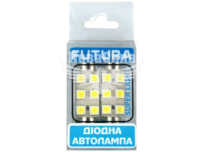 Лампочка 2-ох цокольна LED T11_C10W SMD біла 6-діодів 24V-1,7Вт SV8.5-8 41мм. (Futura) (к-т.-2шт.) (30421)