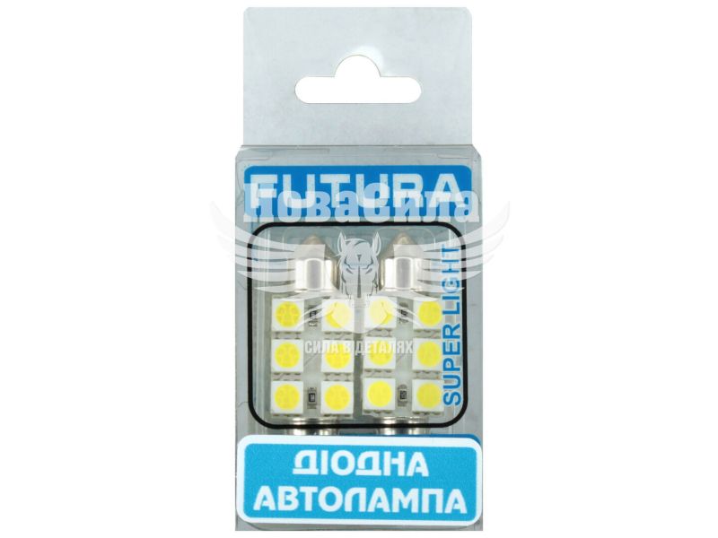 Лампочка 2-ох цокольна LED T11_C10W SMD біла 6-діодів 24V-1,7Вт SV8.5-8 35мм. (Futura) (к-т.-2шт.) (30321)