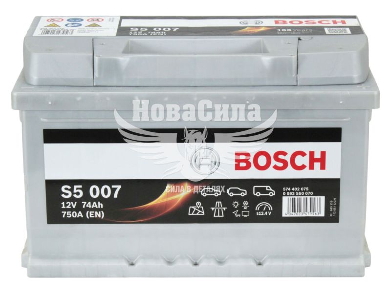 АКБ 74-А/Ч (Bosch) S-5 (R+) 750A (278x175x175мм.) (0092S50070)
