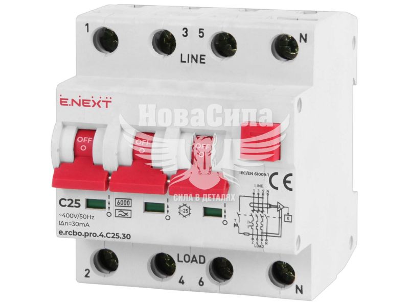 Вимикач диференційного струму E.NEXT e.rcbo.pro.4.C25.30, 3P+N, 25А, С, тип А, 30мА з захистом від надструмів (p0720016)