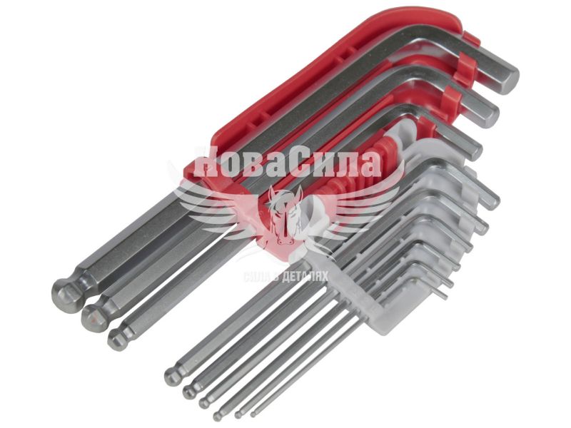 Набір шестигранних ключів Г-подібних з кулястим наконечником (Intertool) 9 од. Cr-V 58-62 HRC (HT-1813)