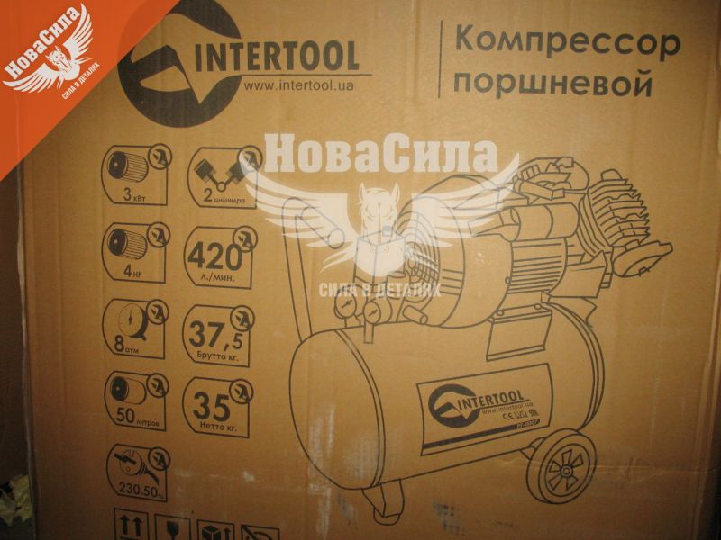 Компресор стаціонарний (Intertool) (2-х цил.) 4HP.- 3кВт.- 8атм.- 420л/хв.- 50л.- 35кг. (PT-0007)