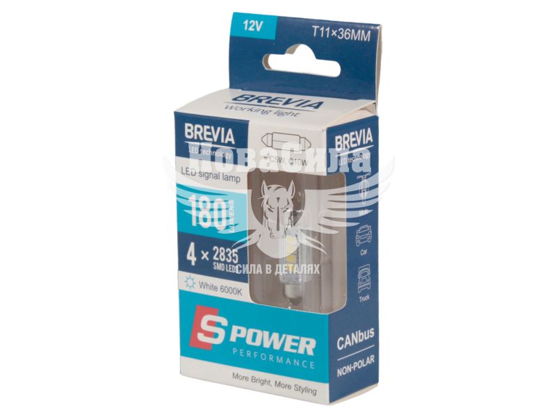 Лампочка 2-ох цокольна LED T11_C10W SMD біла 4-діоди 12V-5Вт T11 36мм. CANbus (Brevia) (к-т.-2шт.) (10214X2)