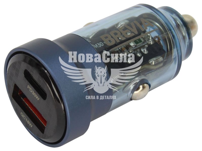 Зарядне для портативних пристроїв 12-24V (Brevia) 1USB-A, 1USB-C, 30W, прозоре синє (46530CABL)