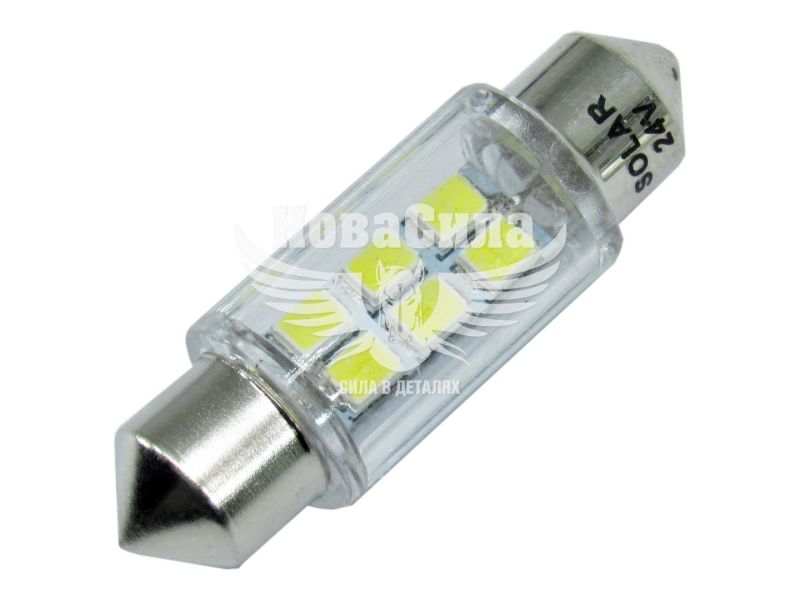 Лампочка 2-ох цокольна LED T11_C5W LEDS біла 6-діодів 24V-5Вт SV8.5-8 36мм. (Solar)(упак.-10шт.) (LS363_P)