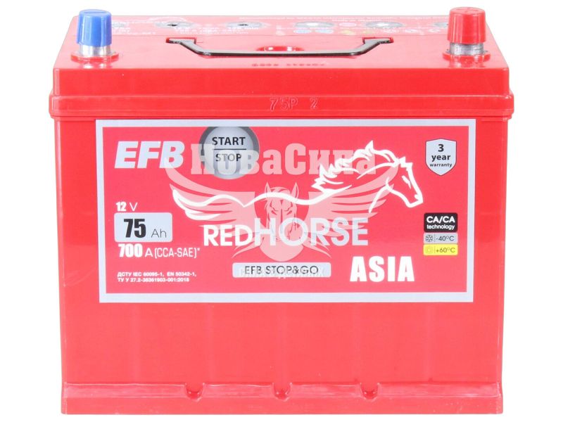 АКБ Азія 75-А/Ч (Red Horse) EFB (R+) 700A (259x175x220)