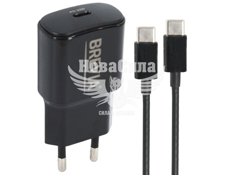 Зарядне для портативних пристроїв 220V (Brevia) 1USB-C, 20W (з кабелем Type-C - Type-C) (45020CCB)