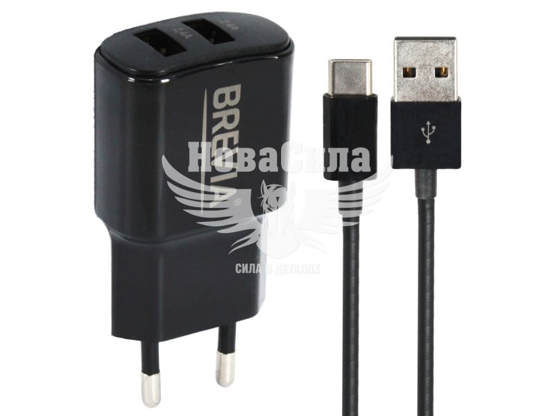 Зарядне для портативних пристроїв 220V (Brevia) 2USB-A, 12W (з кабелем USB-A - Type-C) (45012DUCB)