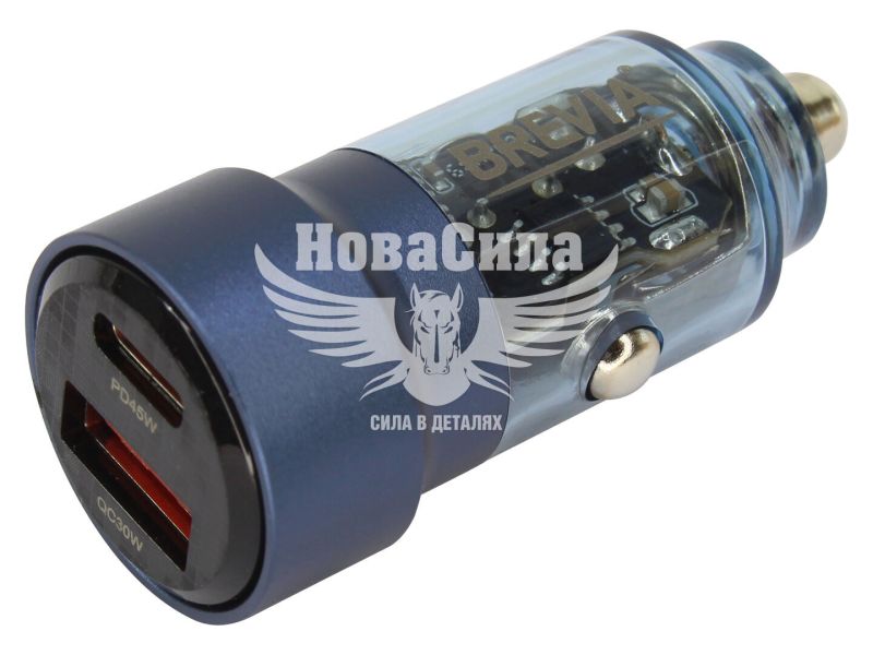 Зарядне для портативних пристроїв 12-24V (Brevia) 1USB-A, 1USB-C, 75W, прозоре синє (46575CABL)