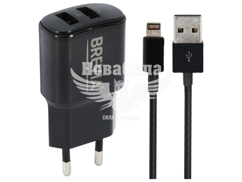 Зарядне для портативних пристроїв 220V (Brevia) 2USB-A, 12W (з кабелем USB-A - Lightning) (45012DULB)