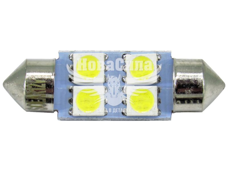Лампочка 2-ох цокольна LED T11_C5W SMD біла 4-діоди 12V-5Вт SV8.5-8 36мм. (Solar) (упак.-10шт.) (LS250_P)