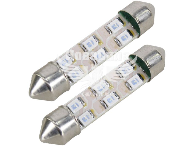 Лампочка 2-ох цокольна LED T11_C8W SMD зелена 6-діодів 24V-0,7Вт SV8.5-8 41мм. (Futura) (к-т.-2шт.) (80423)