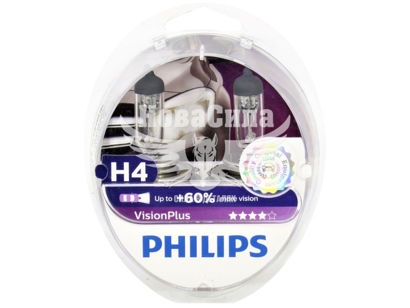 Лампочка галогенна H4 P43t 12V-60/55Вт (Philips) +60 (Vision Plus) (кт. 2шт.) (12342 VP S2)