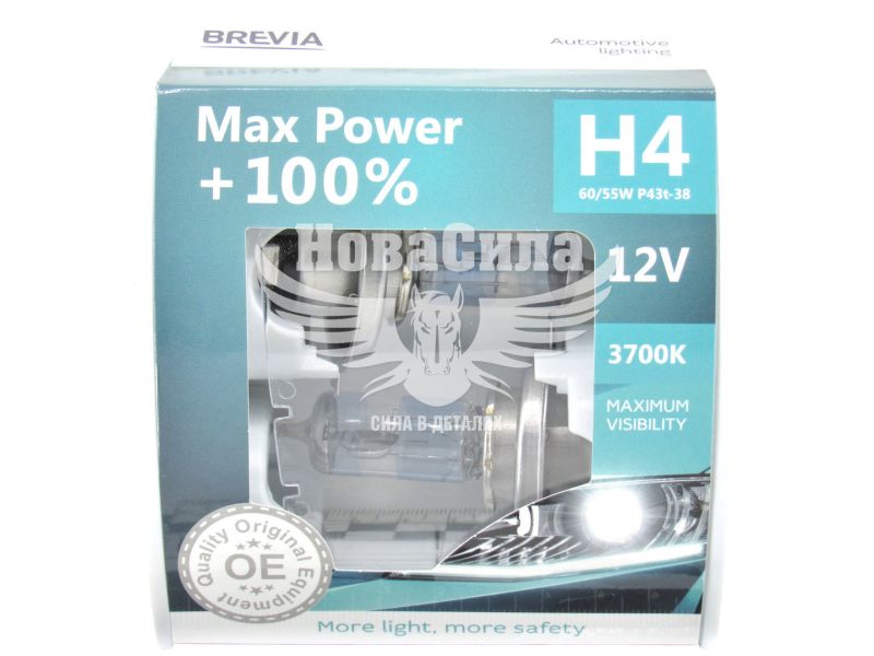Лампочка галогенна H4 P43t 12V-60/55Вт (Brevia) +100 (Max Power) (кт. 2шт.) (12040MPS)